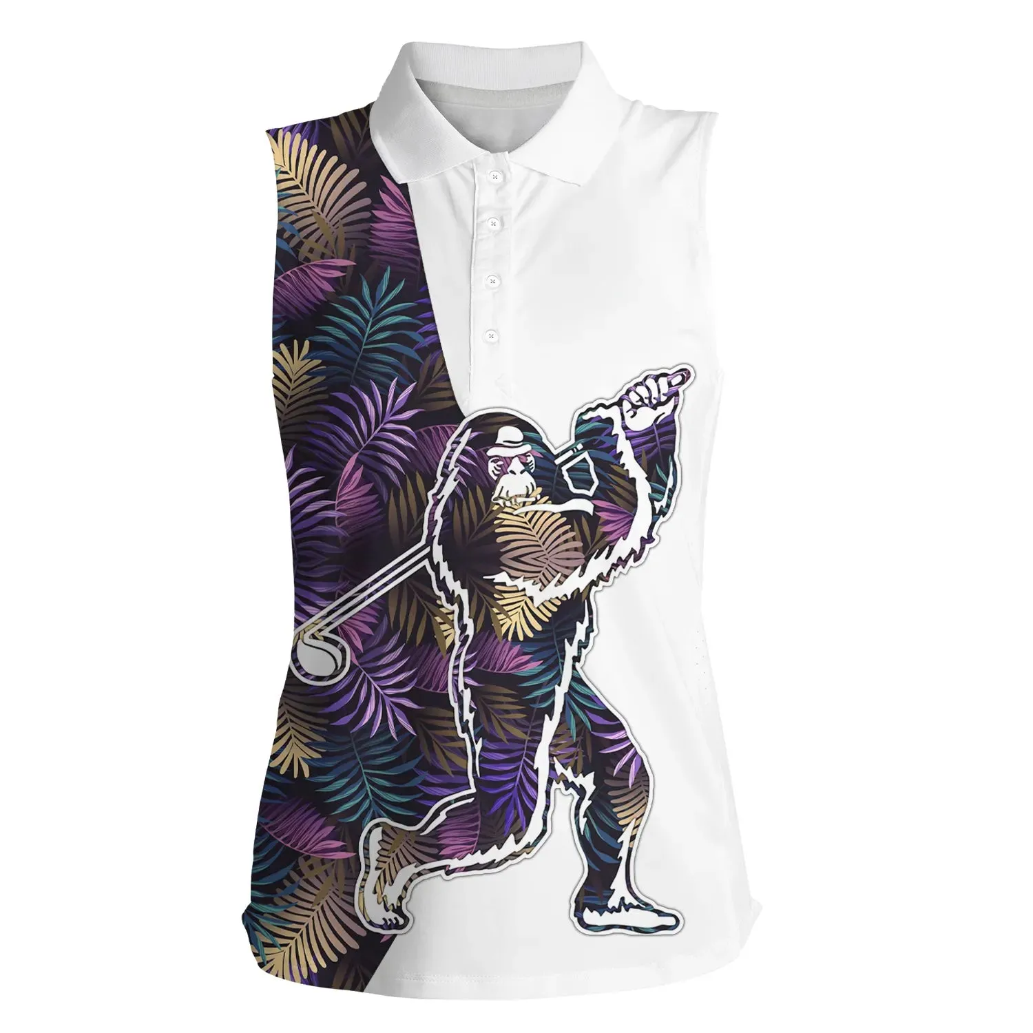 Bigfoot women sleeveless golf polo shirt, colorful tropical leaves pattern sasquatch playing golf