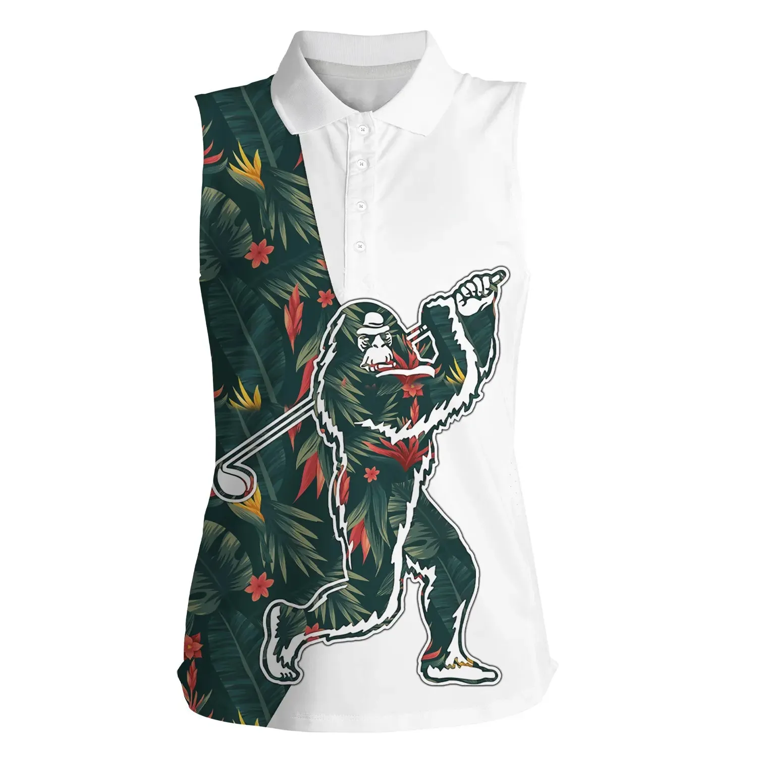 Bigfoot women sleeveless golf polo shirt, colorful tropical leaves pattern sasquatch playing golf