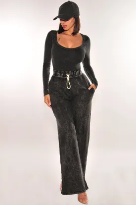 Black Acid Wash Long Sleeve Round Neck Bodysuit High Waist Wide Leg Sweatpants Two Piece Set