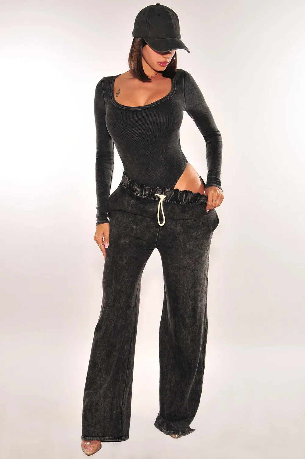 Black Acid Wash Long Sleeve Round Neck Bodysuit High Waist Wide Leg Sweatpants Two Piece Set