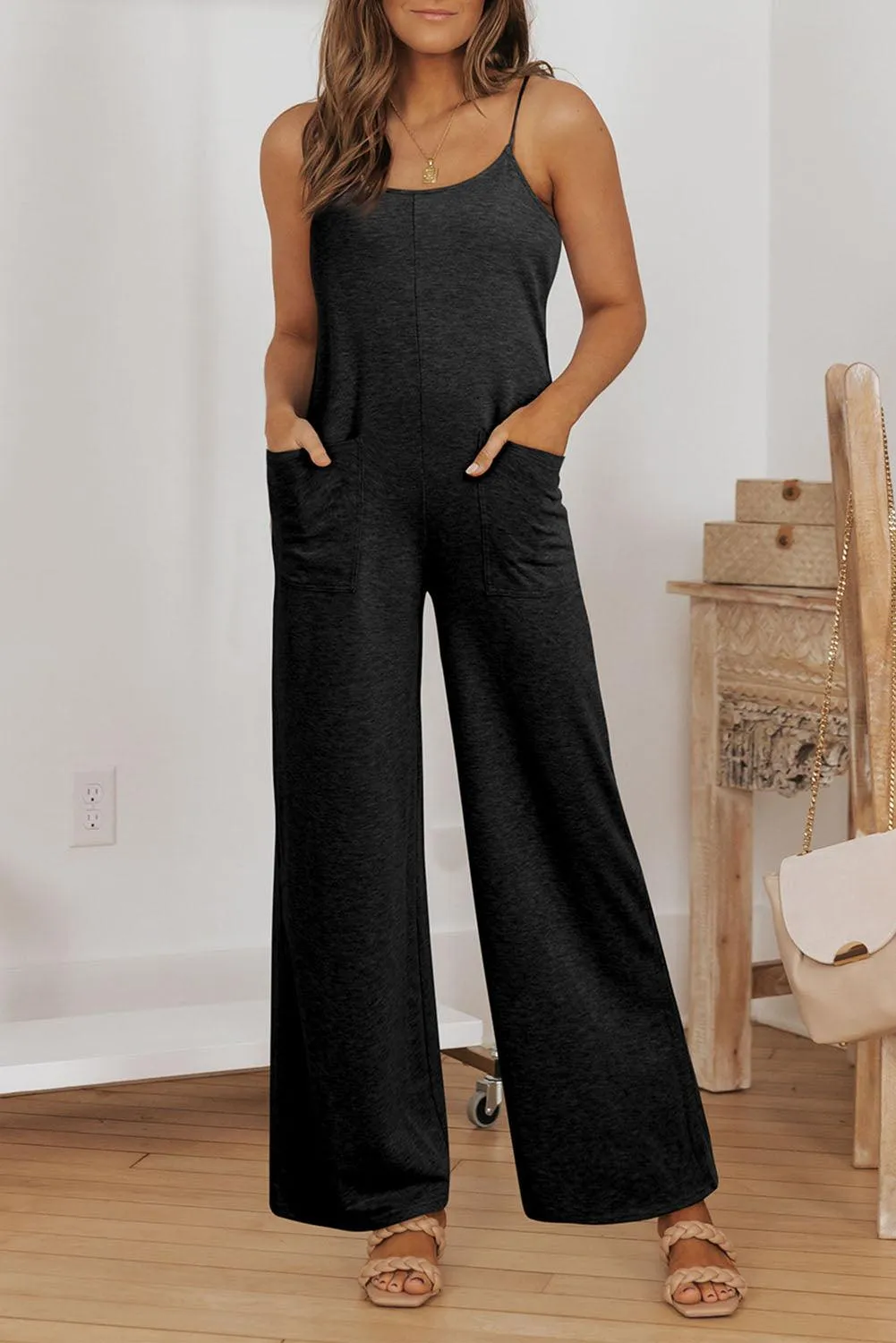 Black Patch Spaghetti Strap Cotton Jumpsuit with Pockets and Wide Legs