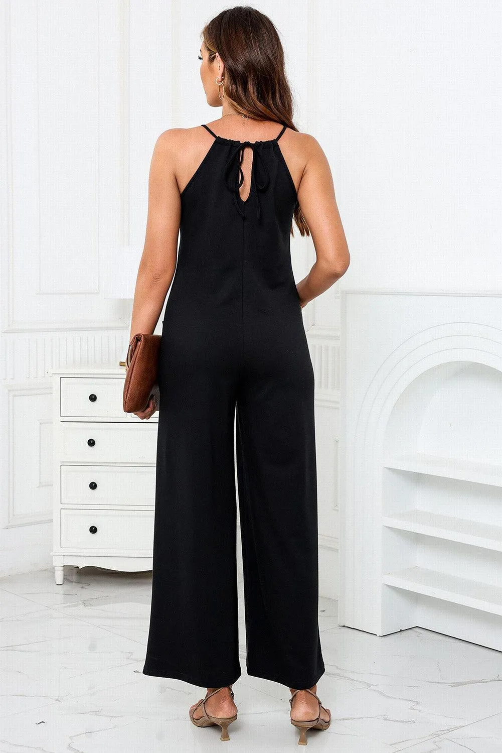 Black Patch Spaghetti Strap Cotton Jumpsuit with Pockets and Wide Legs