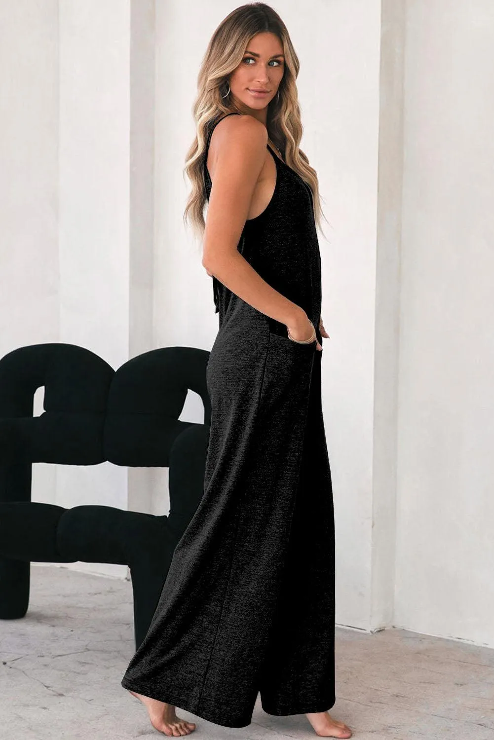 Black Patch Spaghetti Strap Cotton Jumpsuit with Pockets and Wide Legs