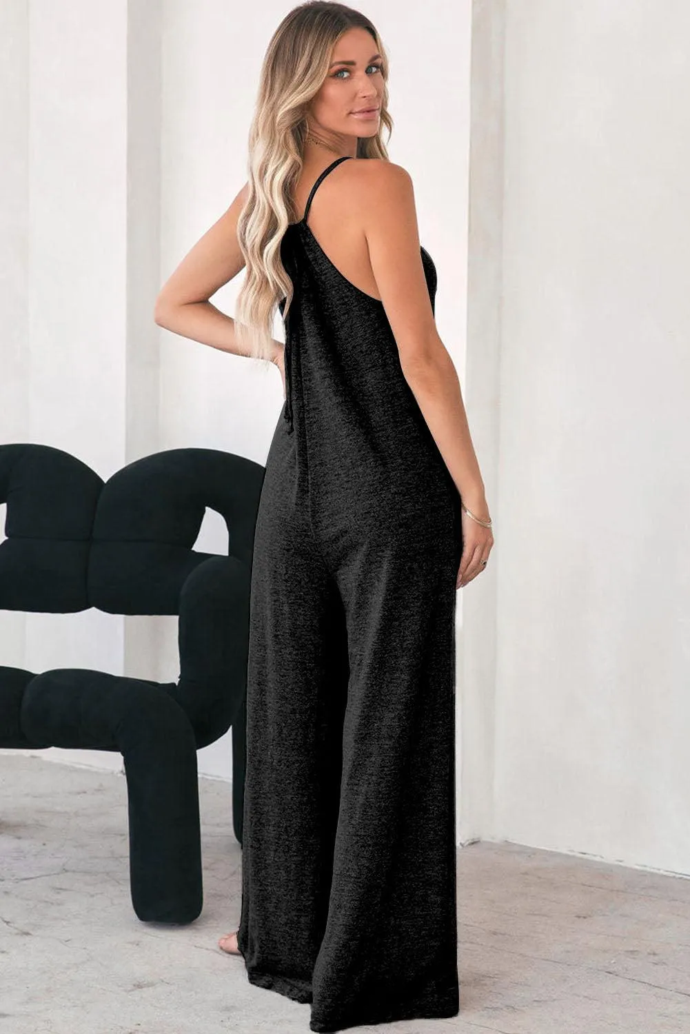 Black Patch Spaghetti Strap Cotton Jumpsuit with Pockets and Wide Legs