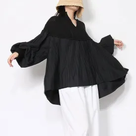 Black Pleated Patchwork Casual Blouse