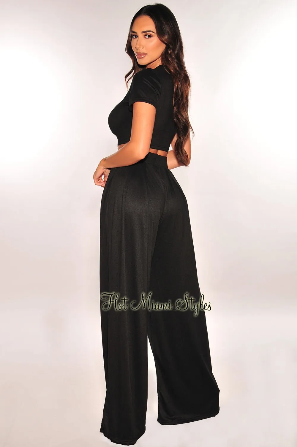 Black Short Sleeve Cropped High Waist Pleated Wide Leg Pants Two Piece Set