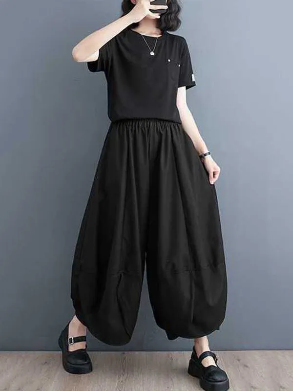 Bloomers Loose Elasticity Solid Color Split-Joint Wide Leg Pants Trousers