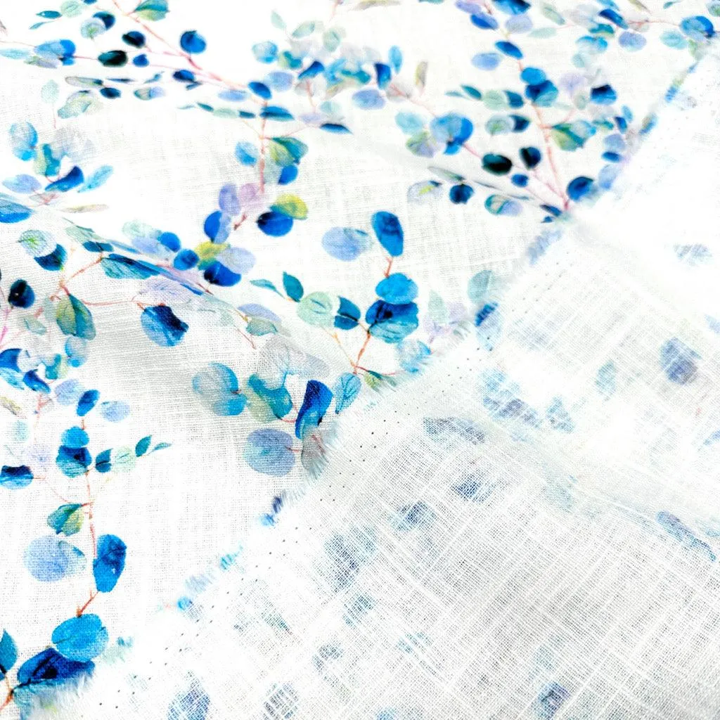 Blue Blossoming Branches Linen Blend Fabric