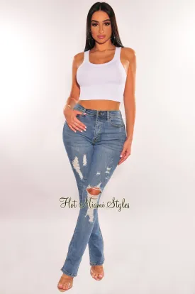 Blue Denim Distressed Slit Hem Jeans