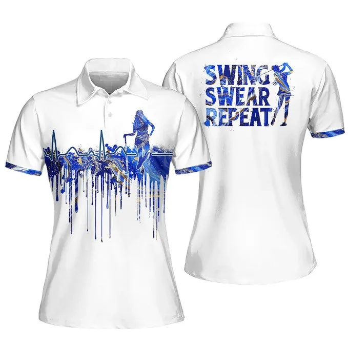 Blue Marble Swing Swear Repeat Sleeveless Polo Shirt, Women Golf Shirt