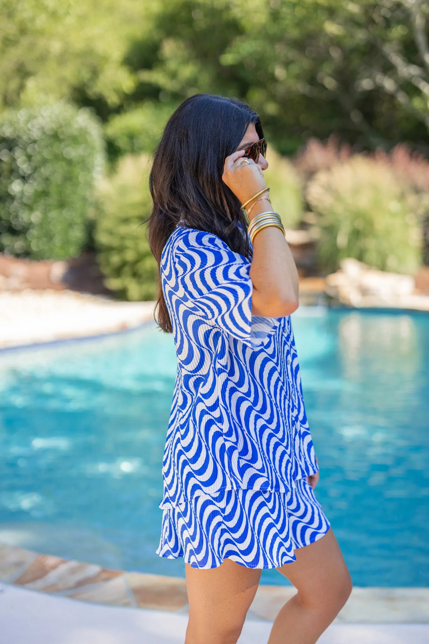 Blue Swirl Pleated Satin Top