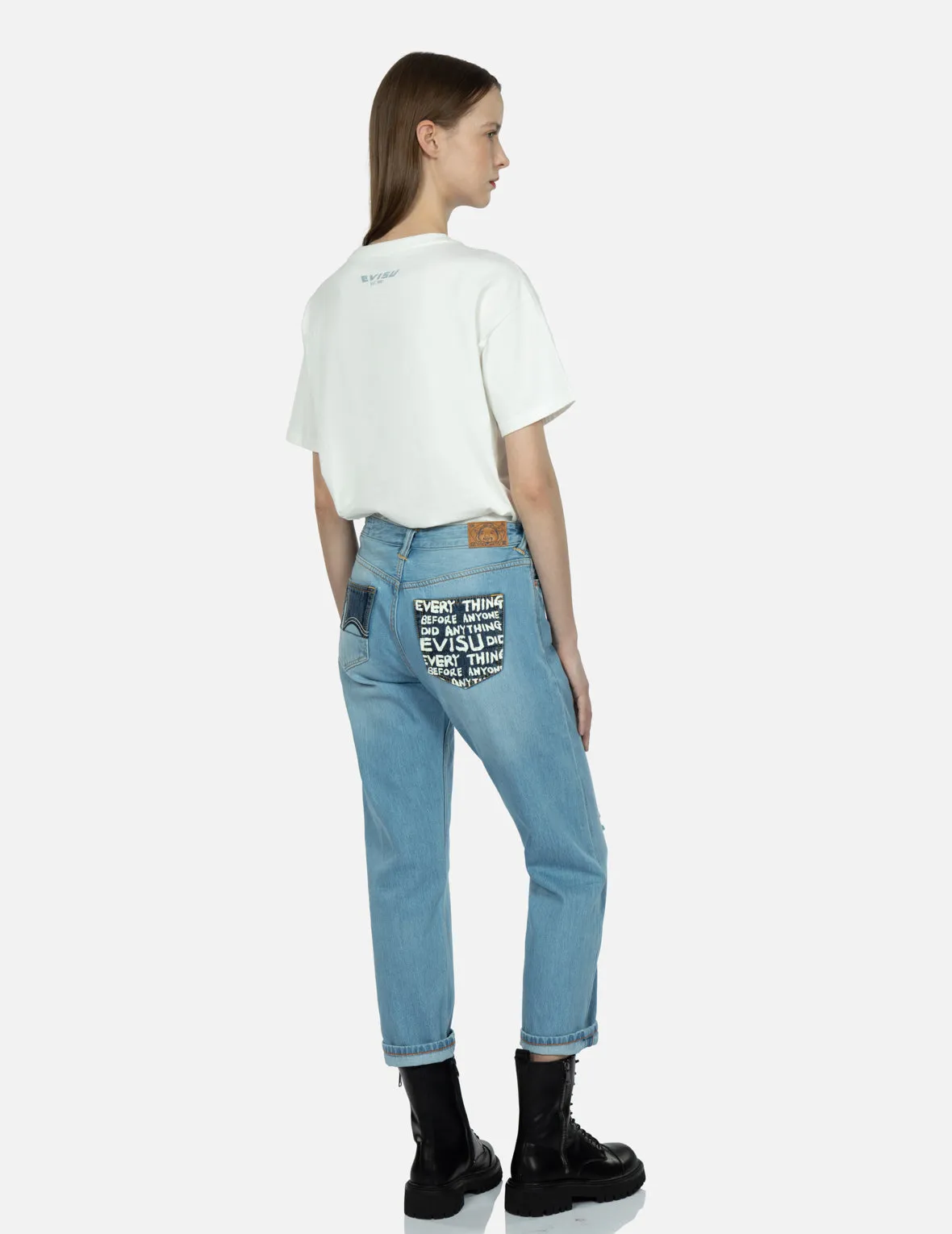 Brand Motto Print Fabric-blocking Boyfriend Jeans