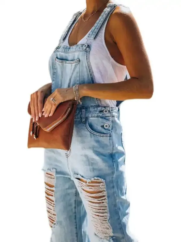 Casual commuting ripped mid-waist Denim Jumpsuit