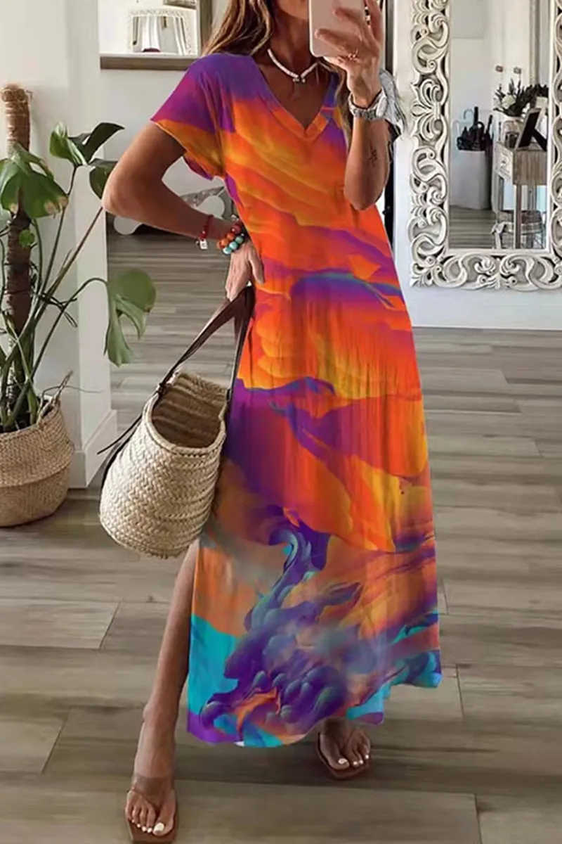 Casual Print Patchwork V Neck Straight Dresses(8 Colors)