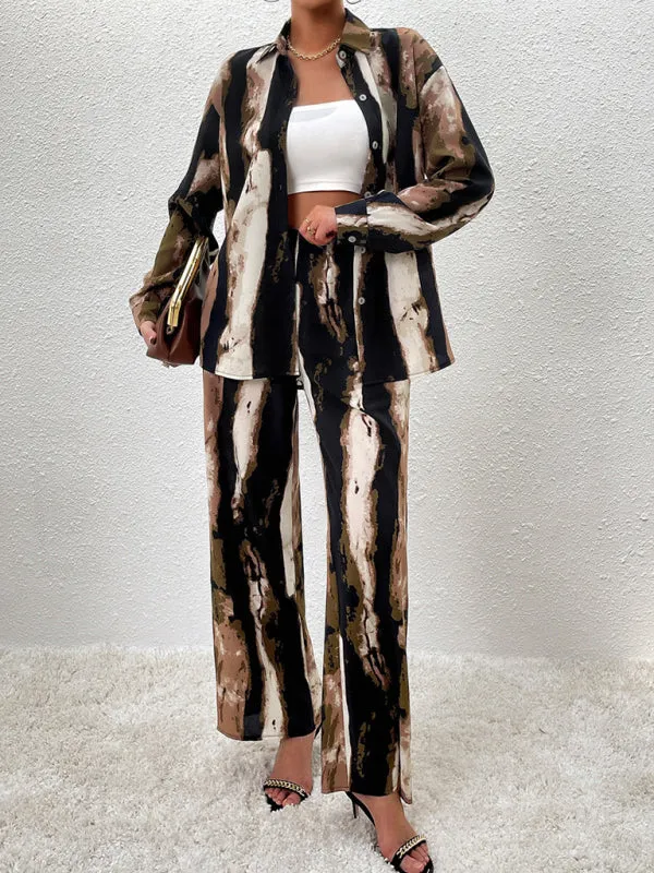 Casual printed suit long-sleeved tops and trousers two pieces set