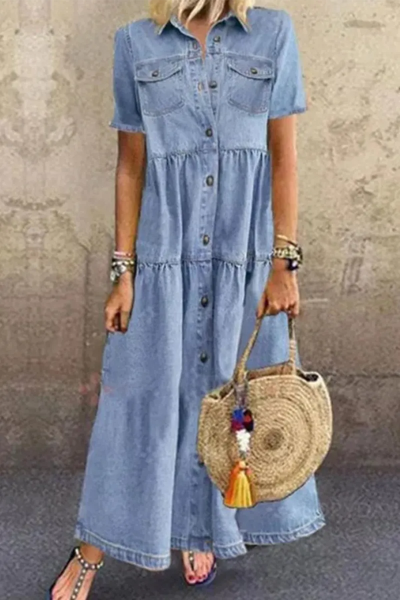 Casual Solid Patchwork Turndown Collar Straight Dresses