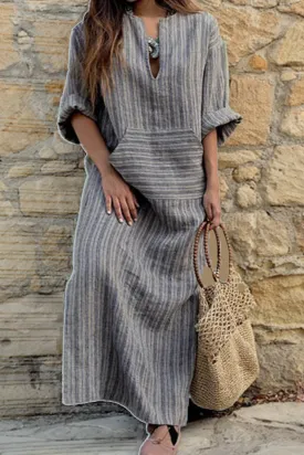 Casual Striped Patchwork V Neck Straight Dresses(3 Colors)