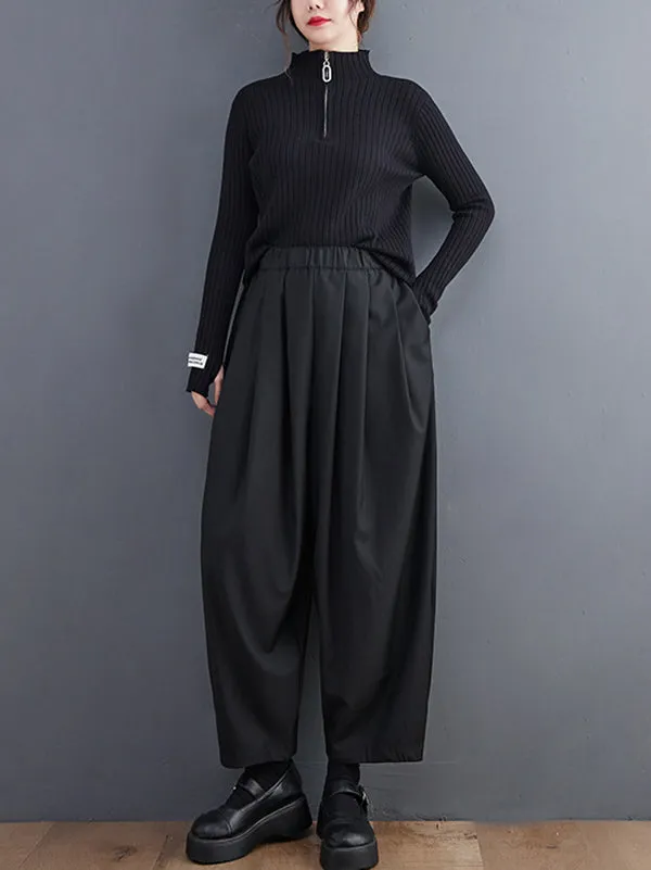 Casual Wide Leg Loose Pleated Solid Color Pants