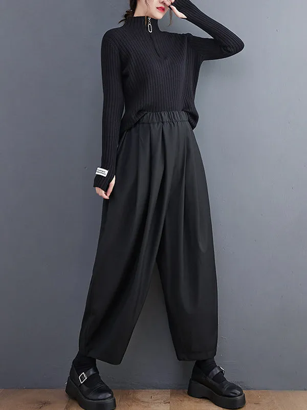 Casual Wide Leg Loose Pleated Solid Color Pants