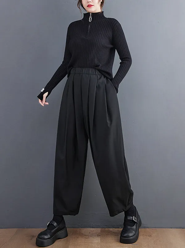 Casual Wide Leg Loose Pleated Solid Color Pants