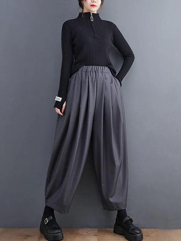 Casual Wide Leg Loose Pleated Solid Color Pants