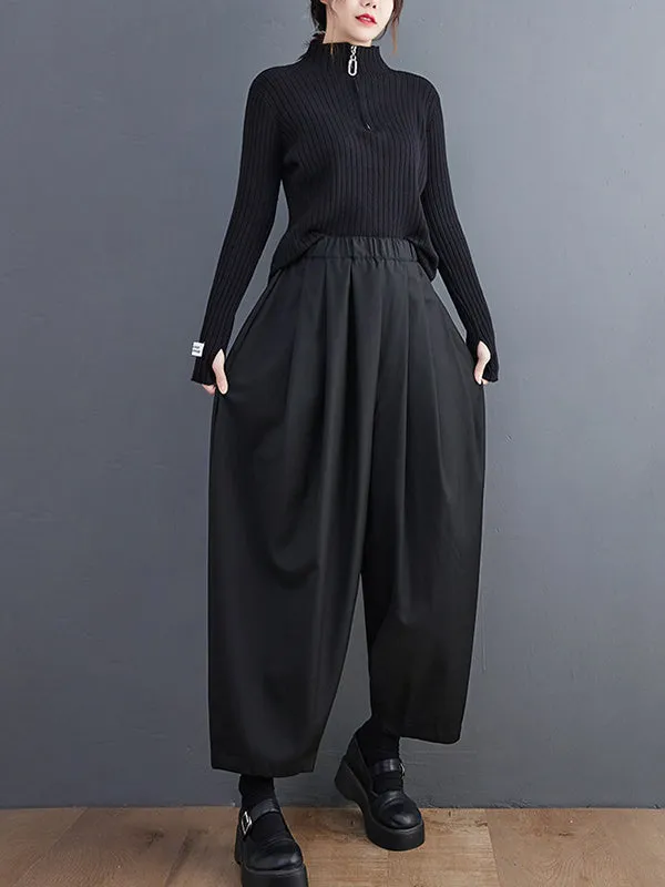 Casual Wide Leg Loose Pleated Solid Color Pants