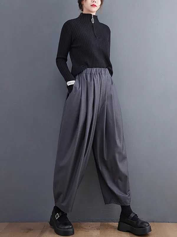 Casual Wide Leg Loose Pleated Solid Color Pants