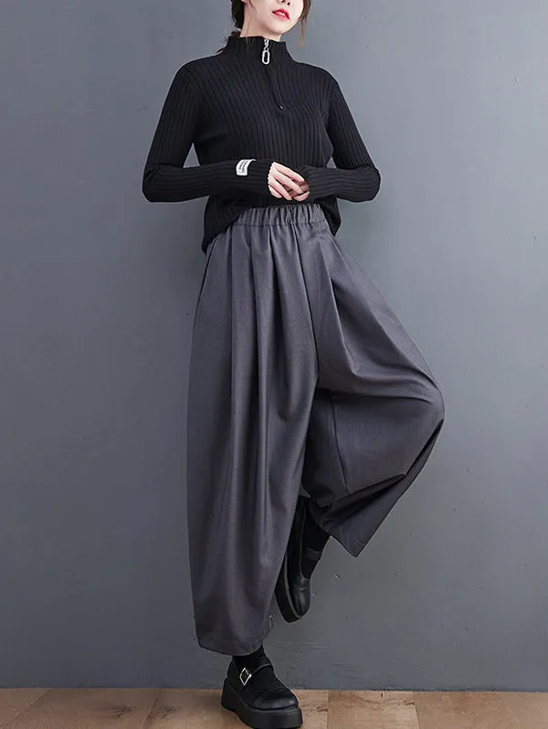 Casual Wide Leg Loose Pleated Solid Color Pants