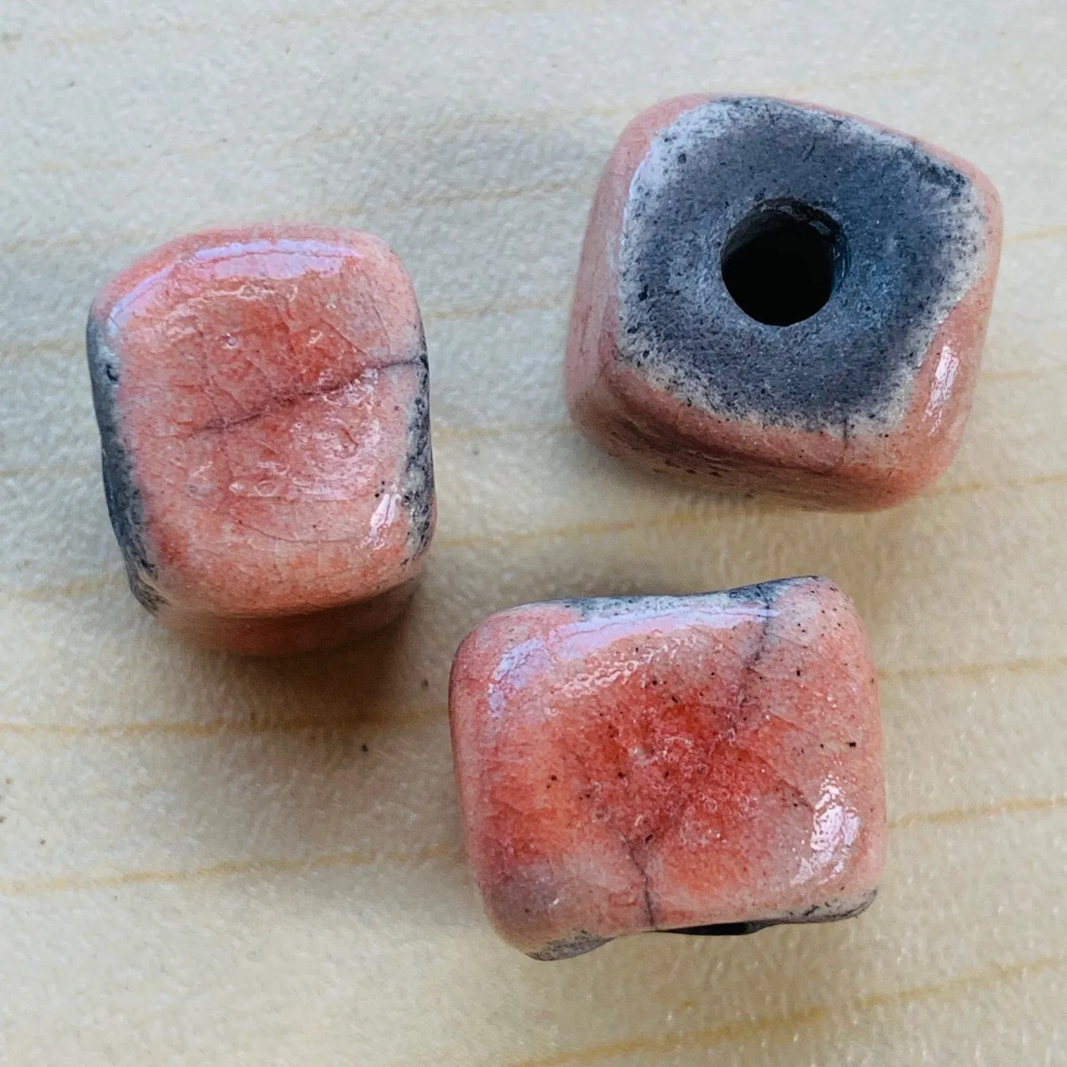 Ceramic Raku Cube Bead by Keith OConnor, Pink 12mm