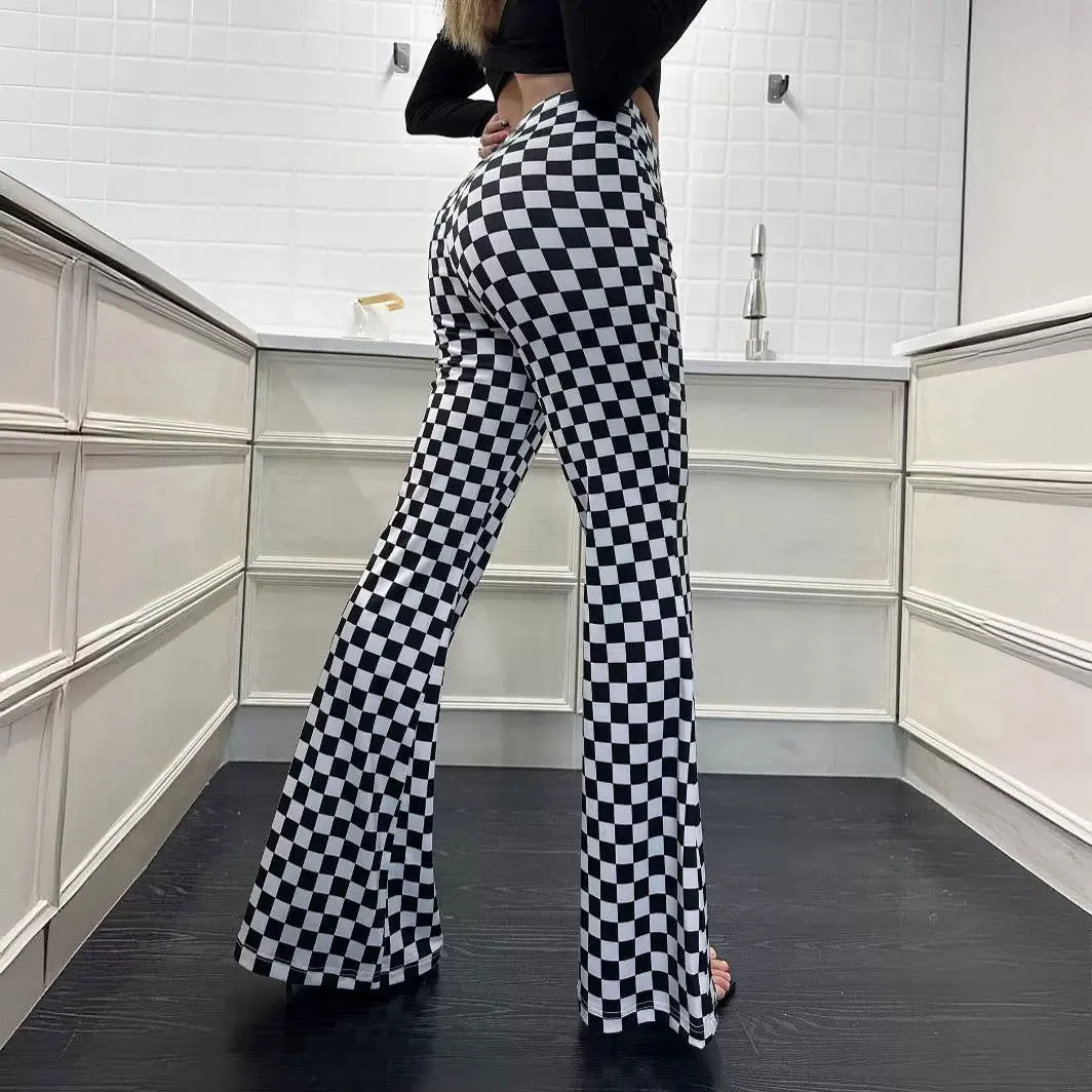 Chessboard Plaid Bell Bottom Pants Women Fitness Yoga Wear High Waist Make Legs Look Long Tight Nude Feel Sports Casual Street