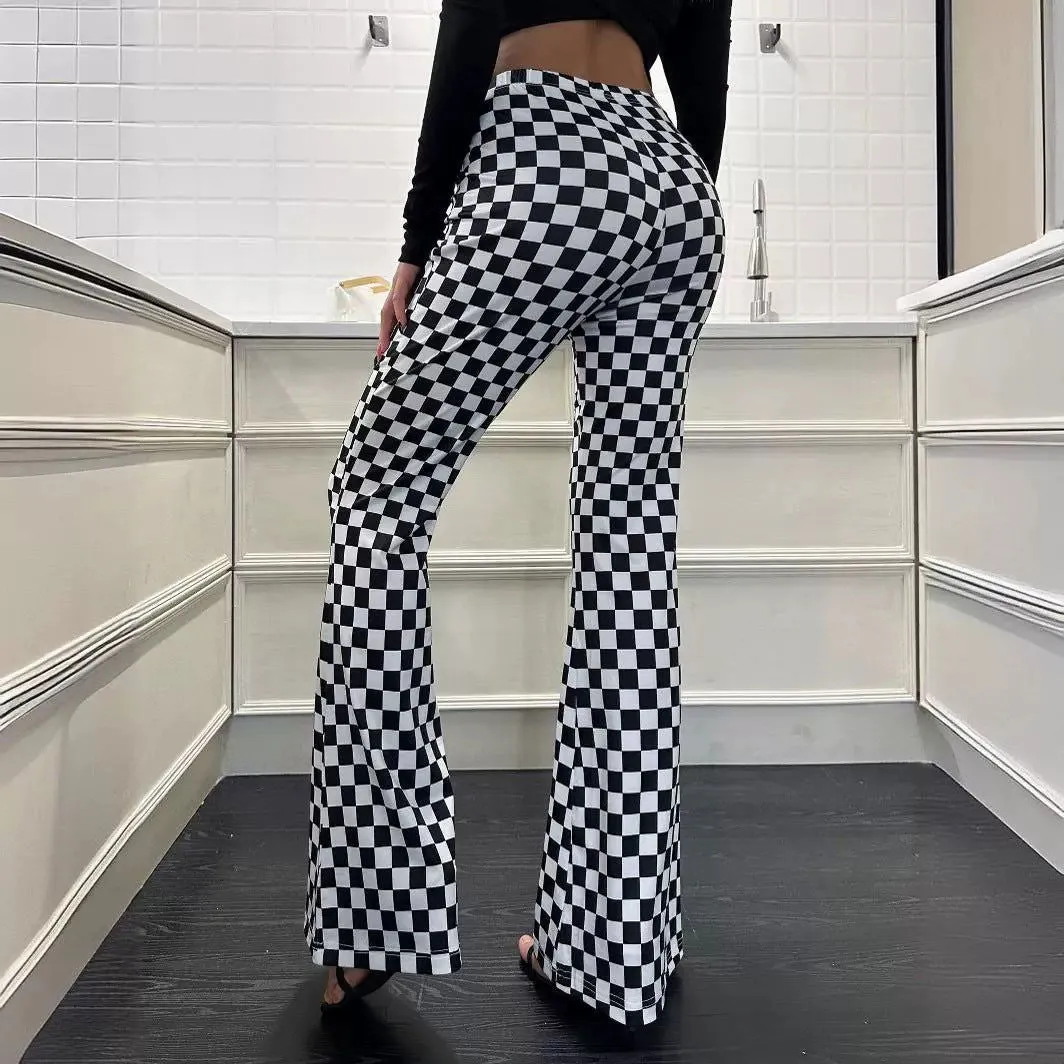 Chessboard Plaid Bell Bottom Pants Women Fitness Yoga Wear High Waist Make Legs Look Long Tight Nude Feel Sports Casual Street