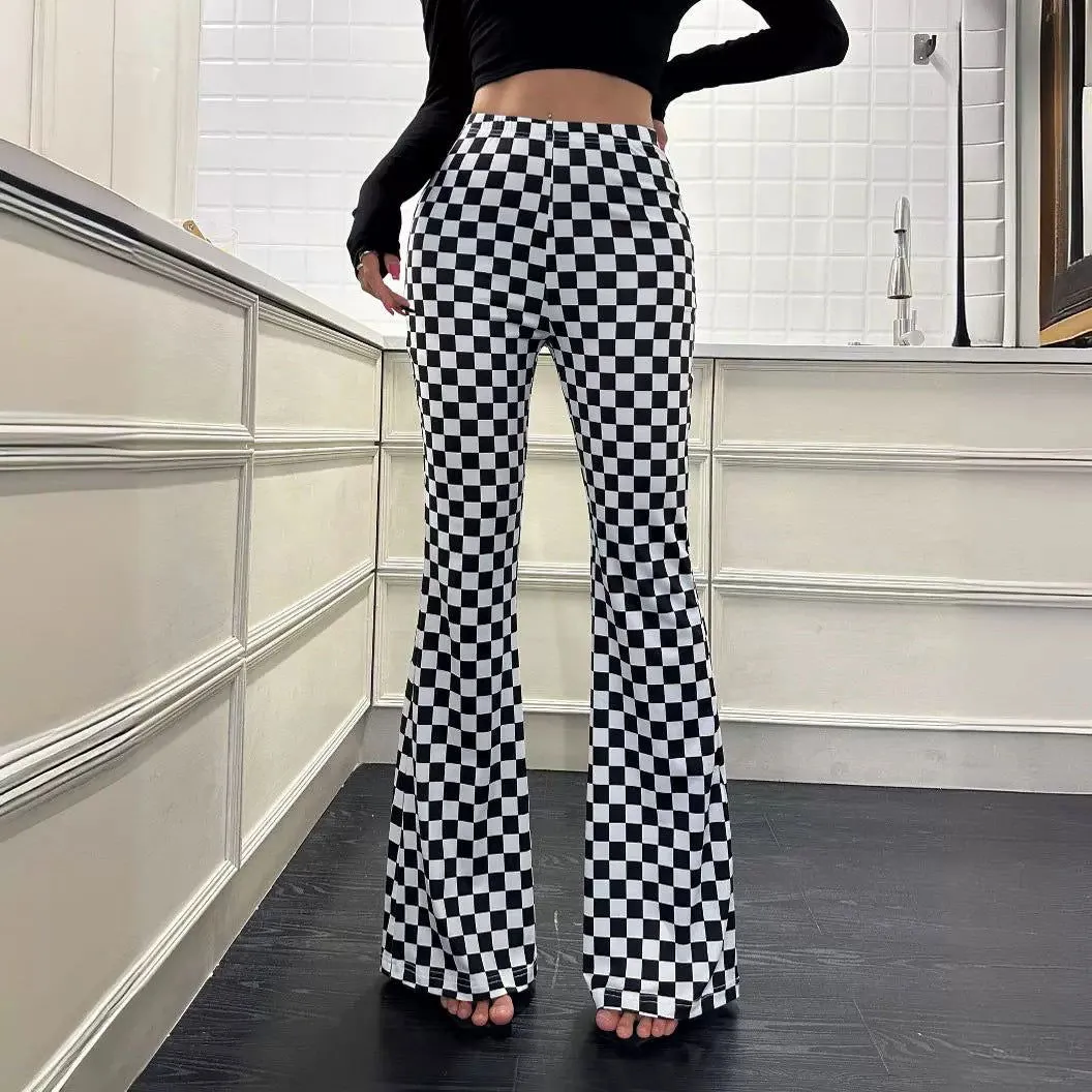 Chessboard Plaid Bell Bottom Pants Women Fitness Yoga Wear High Waist Make Legs Look Long Tight Nude Feel Sports Casual Street