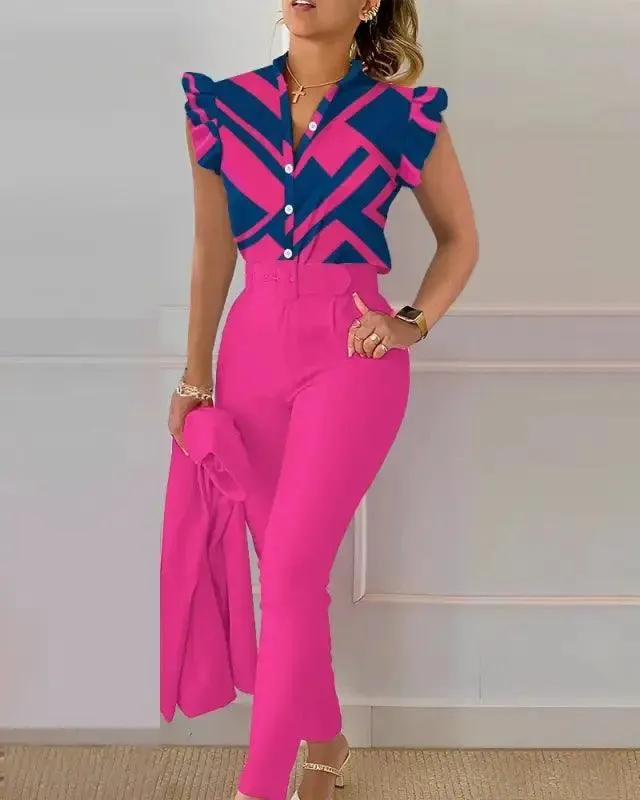 Chic Floral V-neck Shirt & Trousers Set