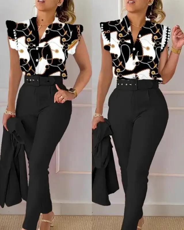 Chic Floral V-neck Shirt & Trousers Set