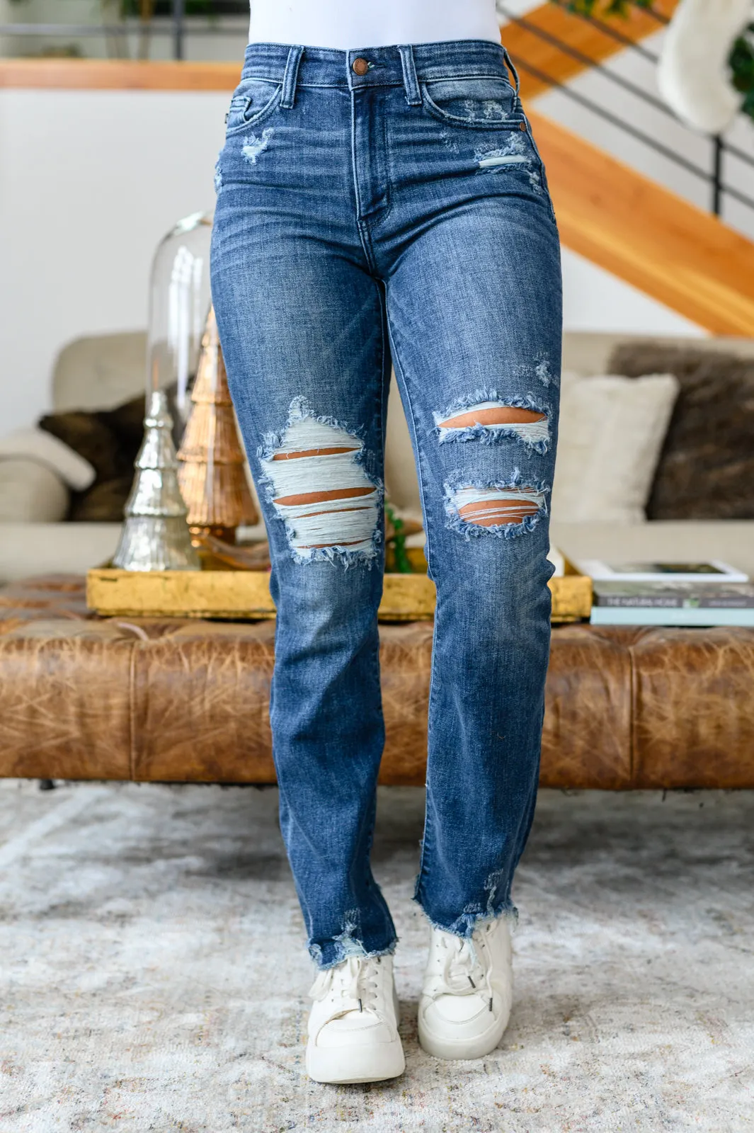 Christine High Contrast Slim Bootcut Destroyed Jeans - Judy Blue