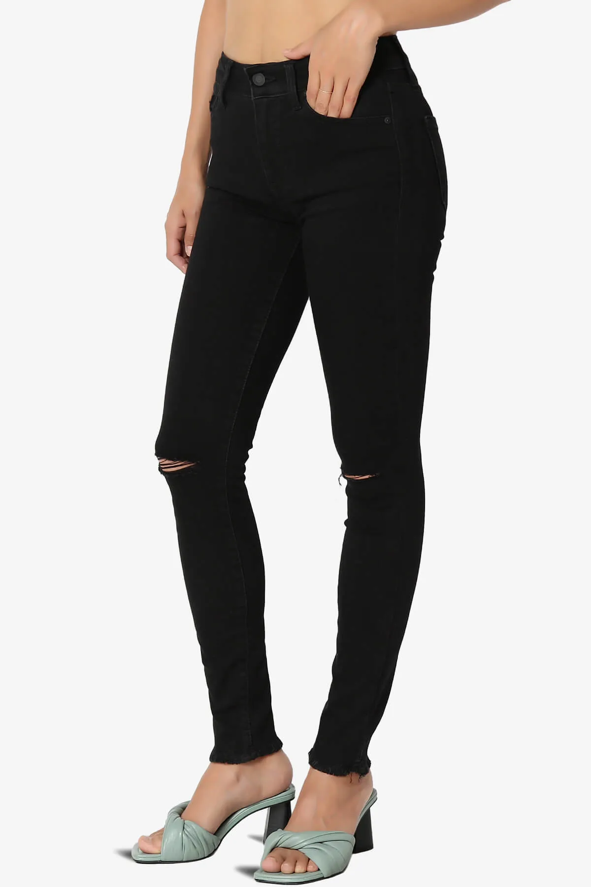 Clara Slashed Knee High Rise Crop Skinny Jeans in JET Black