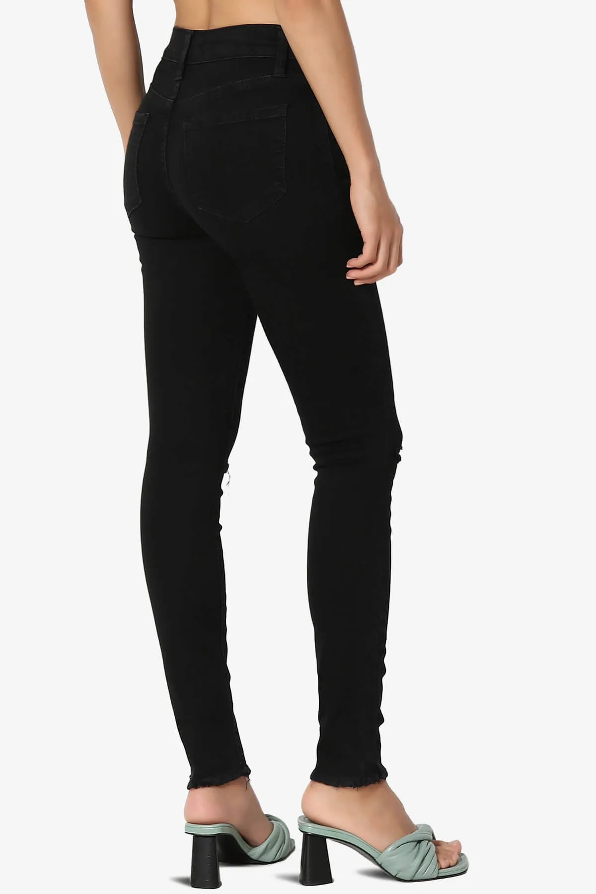 Clara Slashed Knee High Rise Crop Skinny Jeans in JET Black