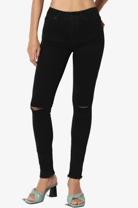 Clara Slashed Knee High Rise Crop Skinny Jeans in JET Black