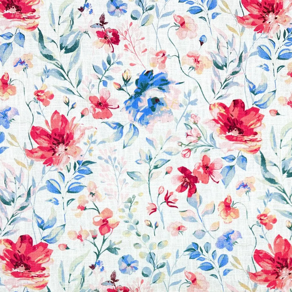 Coral and Blue Flowers Linen Blend Fabric