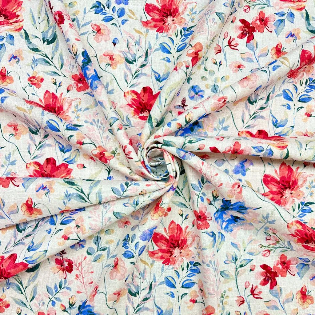 Coral and Blue Flowers Linen Blend Fabric