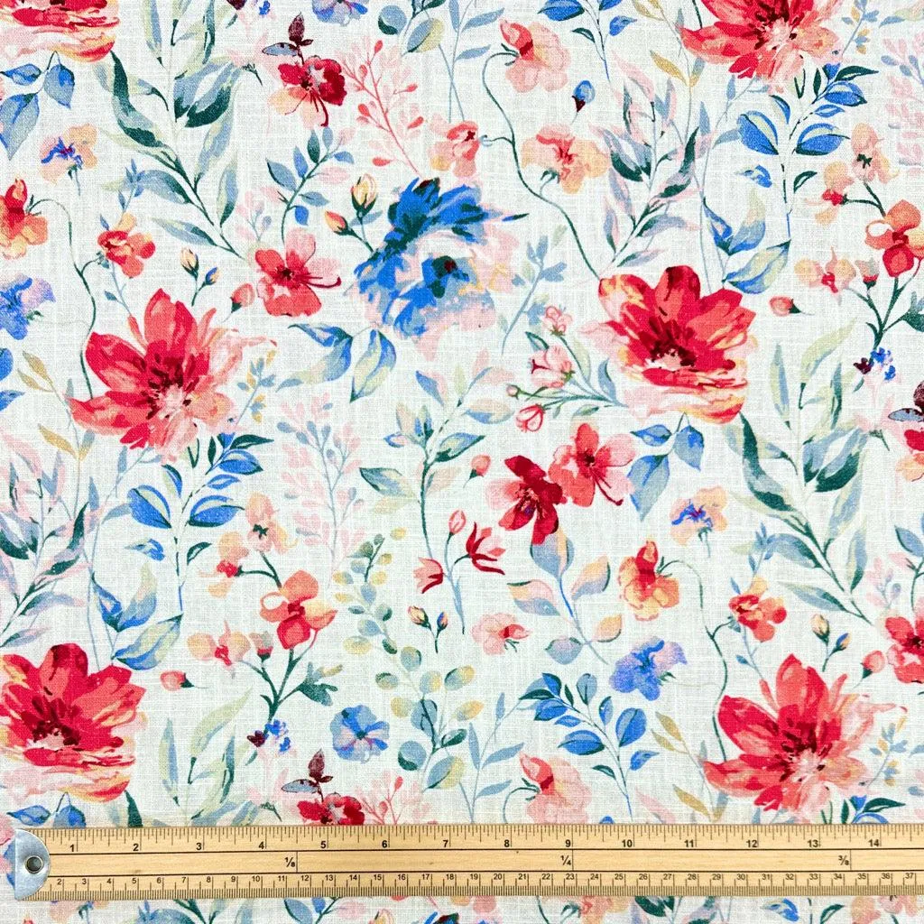 Coral and Blue Flowers Linen Blend Fabric