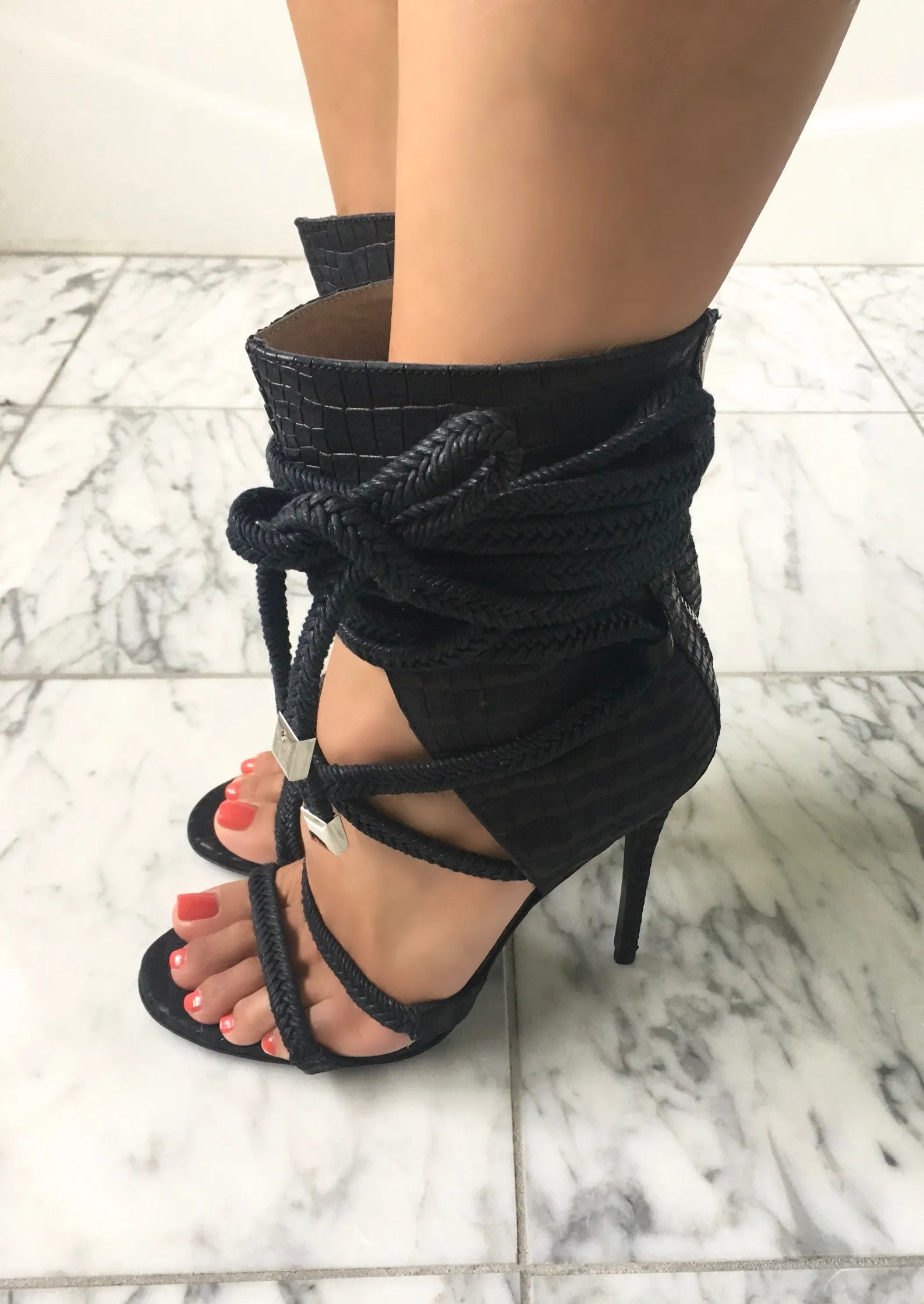 COSIMA BLACK EMBOSSED LEATHER SANDALS