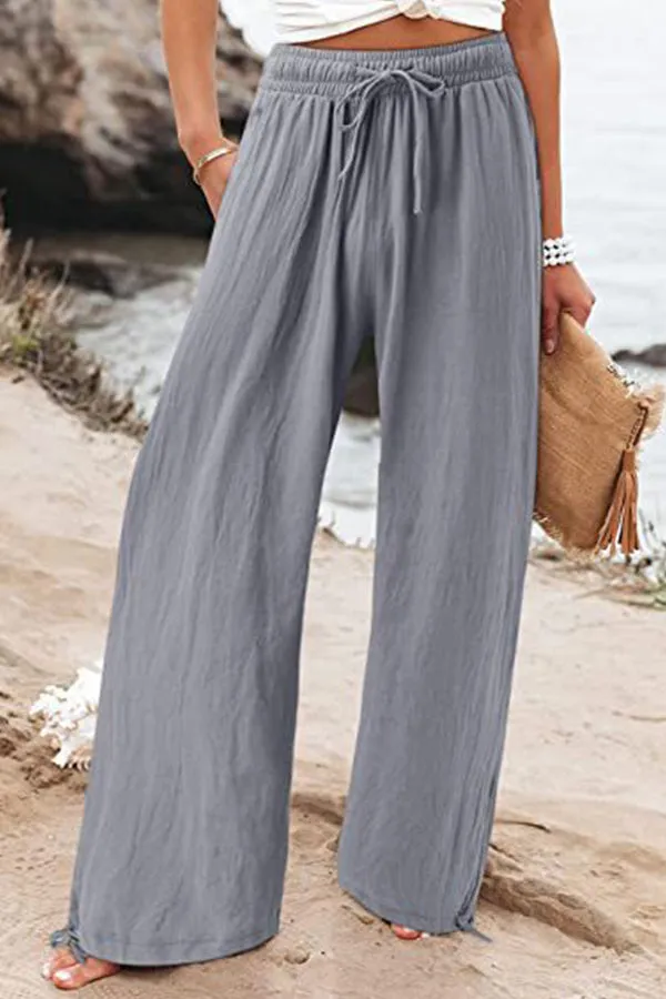 Cotton linen wide-leg drawstring beach pants casual pants