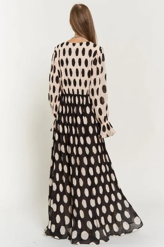 Davi & Dani Polka Dot Ruffled Long Sleeve Pleated Maxi Dress