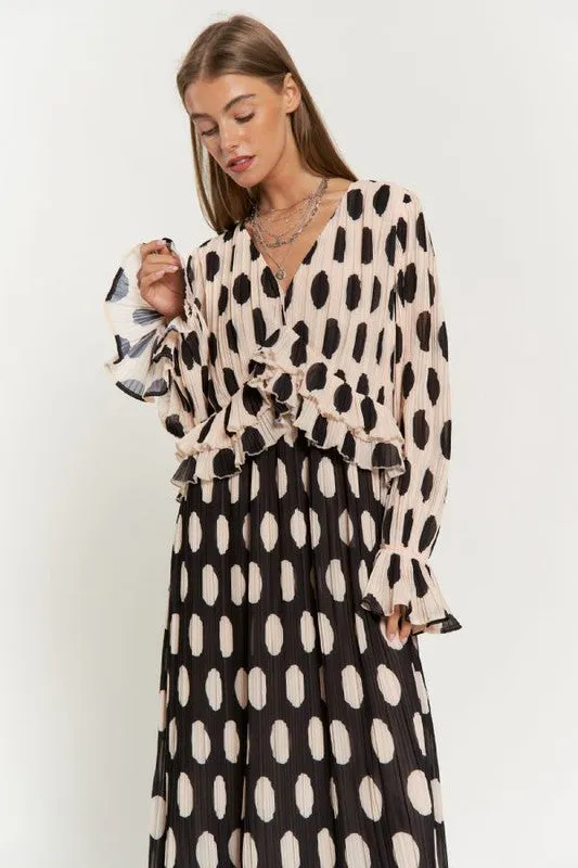 Davi & Dani Polka Dot Ruffled Long Sleeve Pleated Maxi Dress