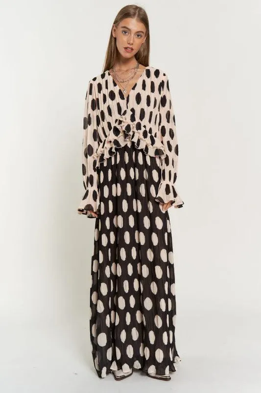 Davi & Dani Polka Dot Ruffled Long Sleeve Pleated Maxi Dress