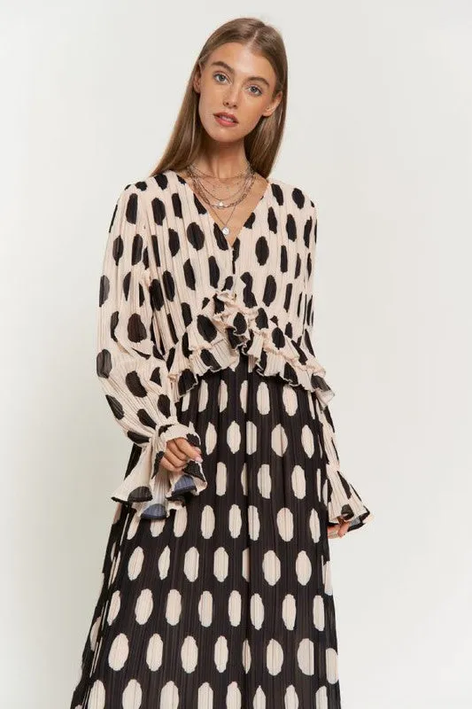 Davi & Dani Polka Dot Ruffled Long Sleeve Pleated Maxi Dress