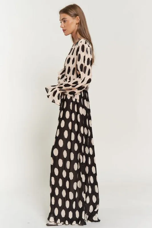 Davi & Dani Polka Dot Ruffled Long Sleeve Pleated Maxi Dress