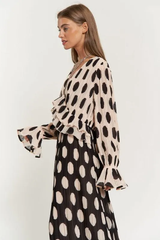 Davi & Dani Polka Dot Ruffled Long Sleeve Pleated Maxi Dress