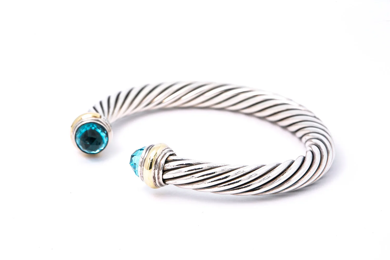 David Yurman 7mm Cable Bracelet Cuff Bangle Blue Topaz 14k 585 Gold Accents